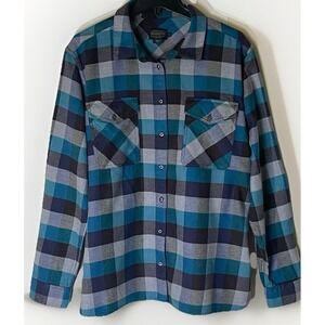 Vintage Y2K Pendleton Women‎ XL Aqua Black Plaid Flannel Button Up Long Sleeve
